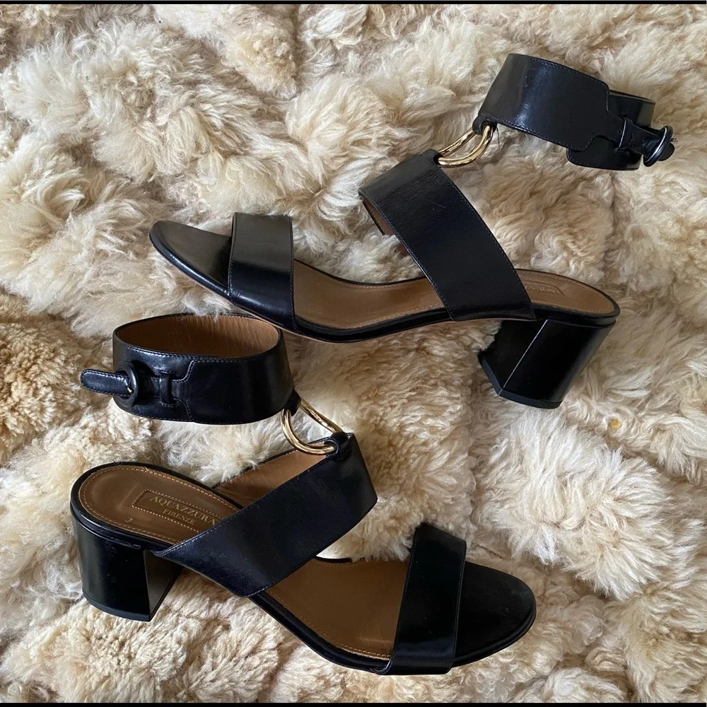 Aquazzura Italian black leather sandals 2.5” heel gold O-ring chic 10 / 10.5 - Picture 1 of 4
